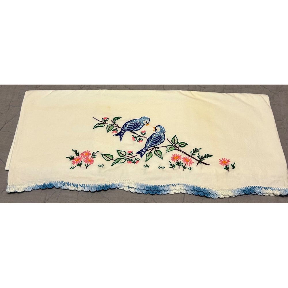 Vintage Embroidered Blue Birds Floral Pillowcase Sham Crochet Trim 20.5x29.5